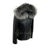 Black leather jacket with fur hood