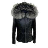 Black leather jacket with large fur hood