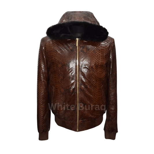 Brown leather jacket with a hood