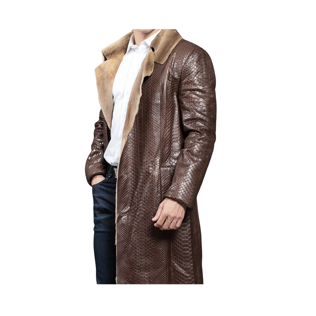 Brown leather coat with fur collar