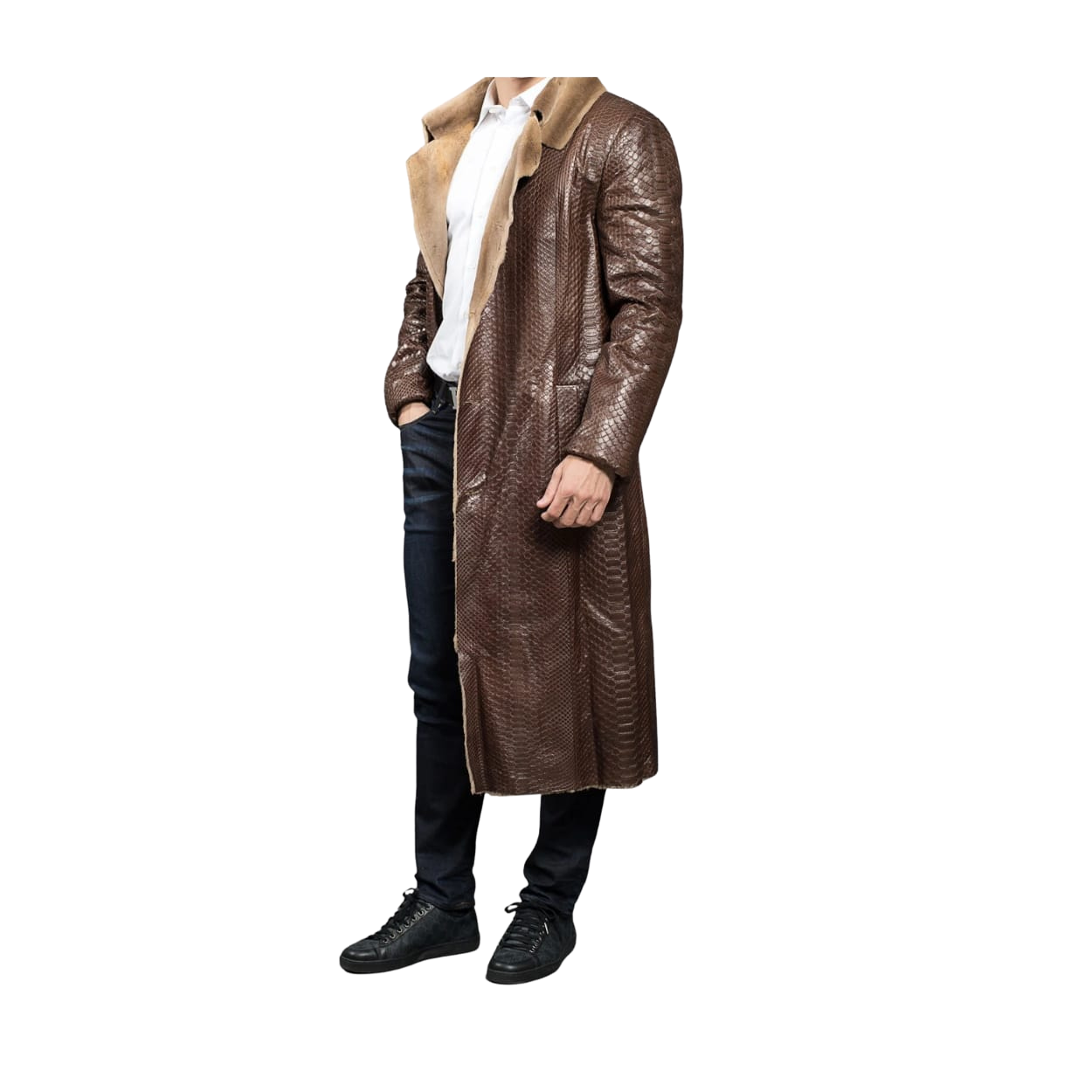 Person wearing a long brown leather coat with a fur-lined hood