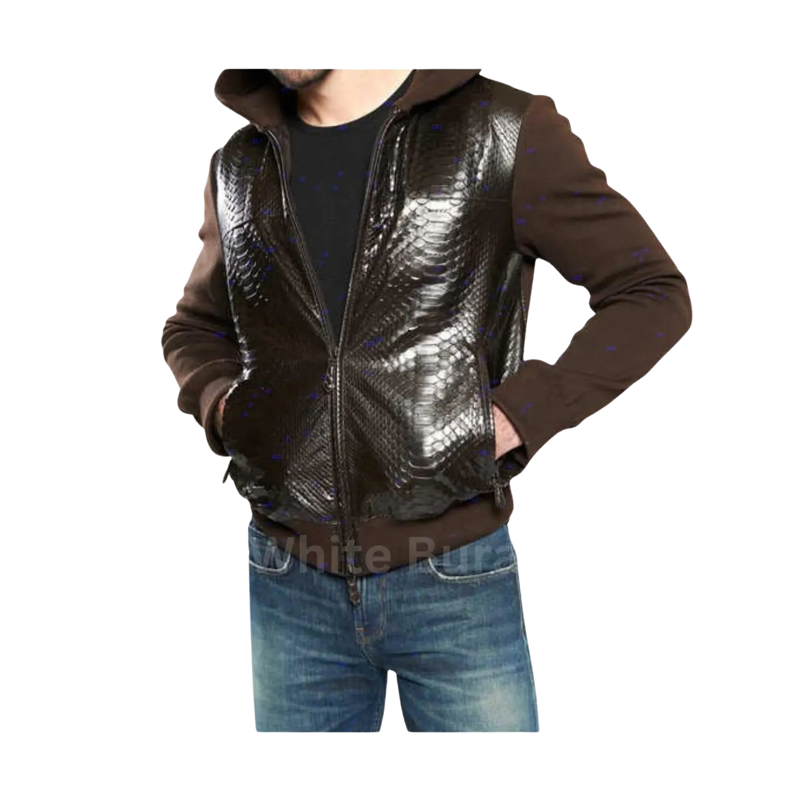 Brown leather jacket with a textured front panel worn by a person