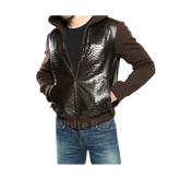 Brown leather jacket with a textured front panel worn by a person