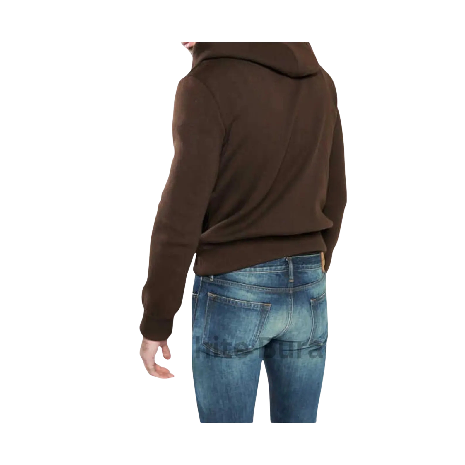 Person wearing a brown hoodie and blue jeans