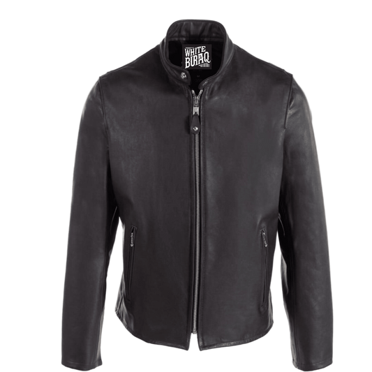 Black leather jacket with a brand logo