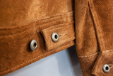 Close-up of a brown jacket with metal buttons on a light blue background