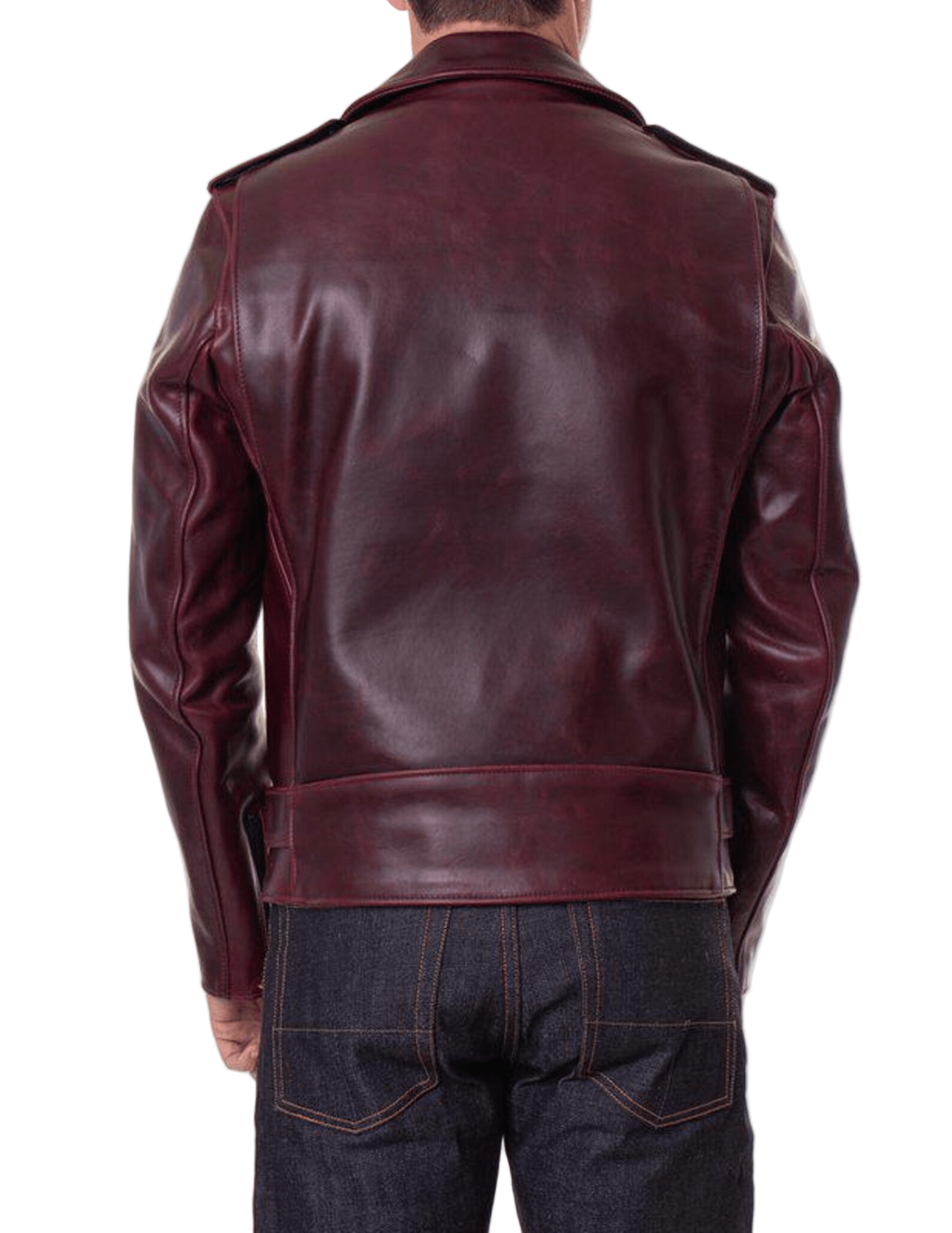 Back view of a person wearing a dark red leather jacket