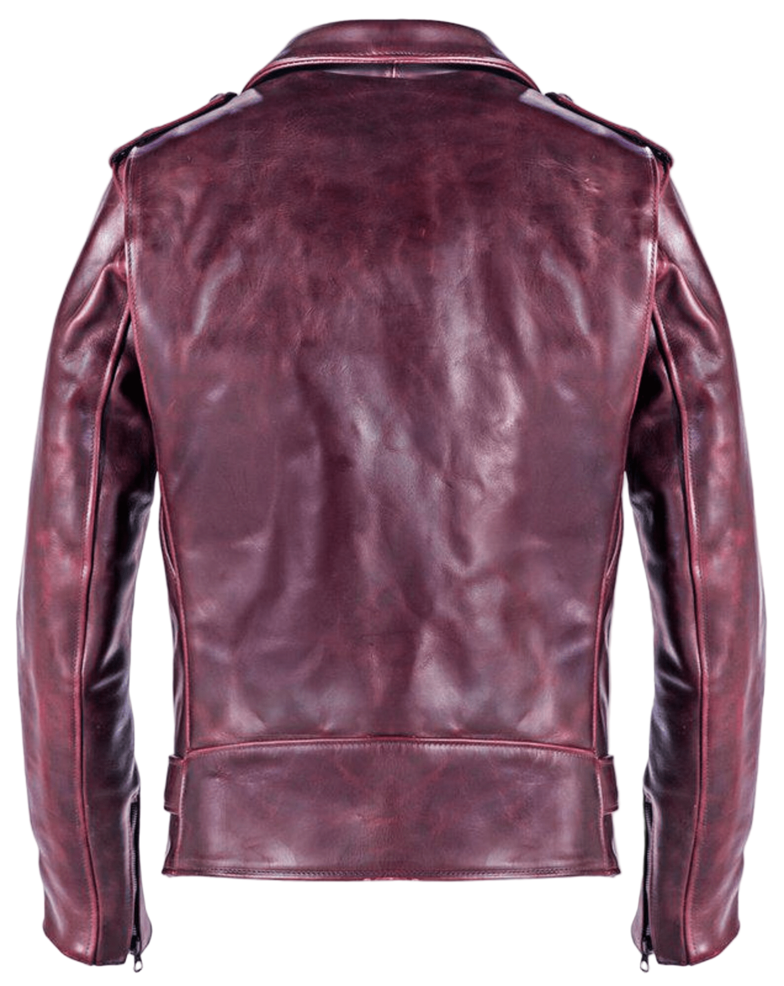 Back view of a maroon leather jacket
