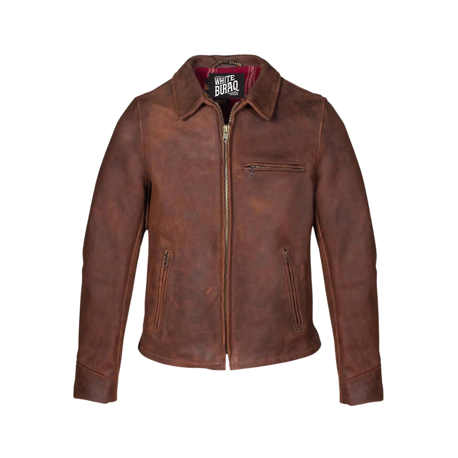 Brown leather jacket with a brand label