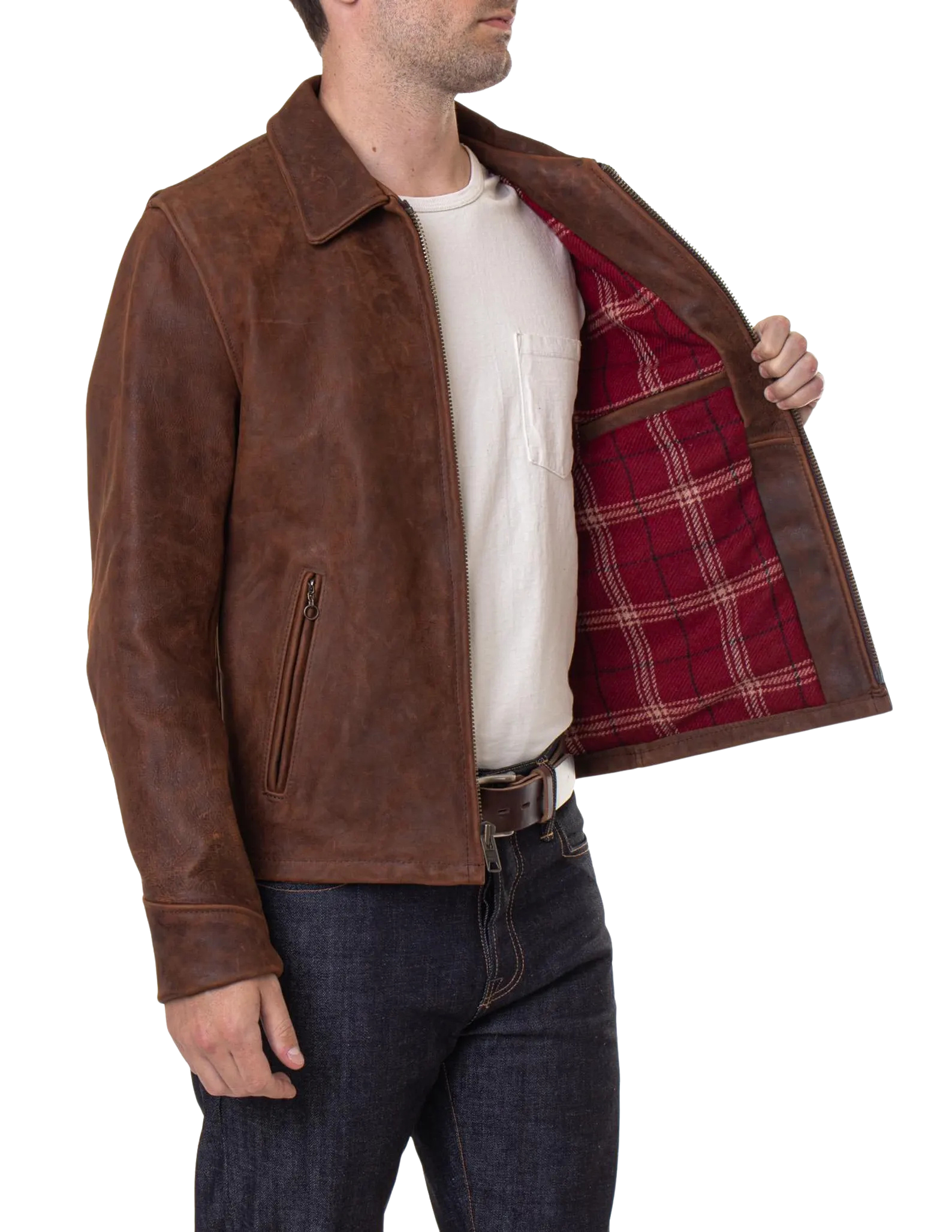 Man wearing a brown leather jacket with a plaid lining, white shirt, and jeans