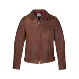 Brown leather jacket with a brand label