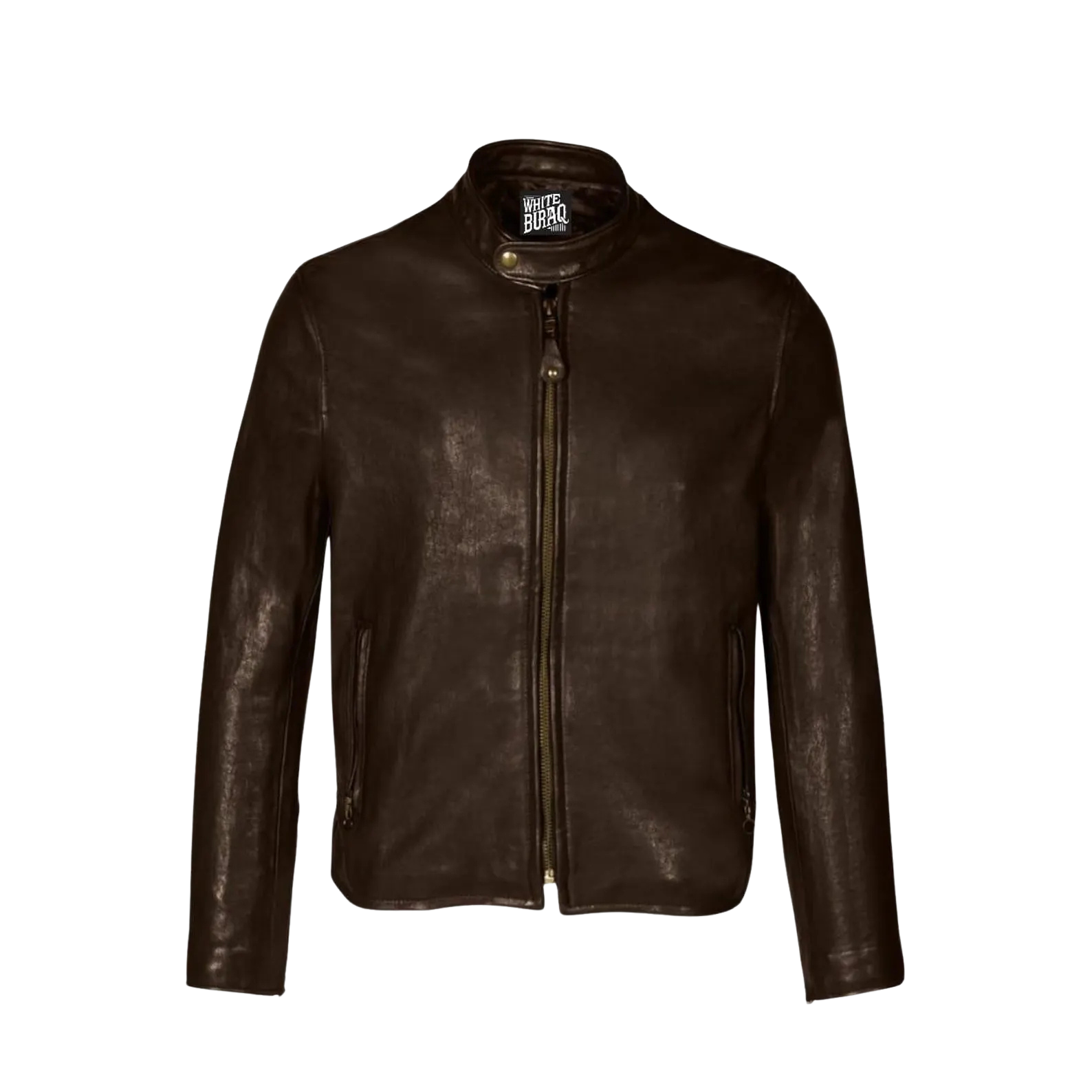 Brown leather jacket with a brand logo on a white background