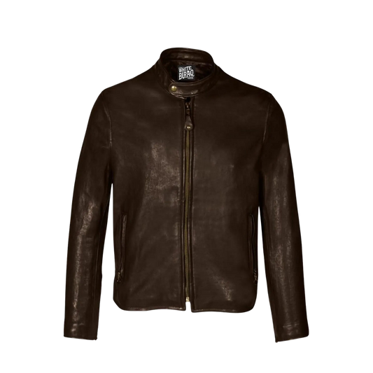 Brown leather jacket with a brand logo on a white background