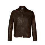 Brown leather jacket with a brand logo on a white background