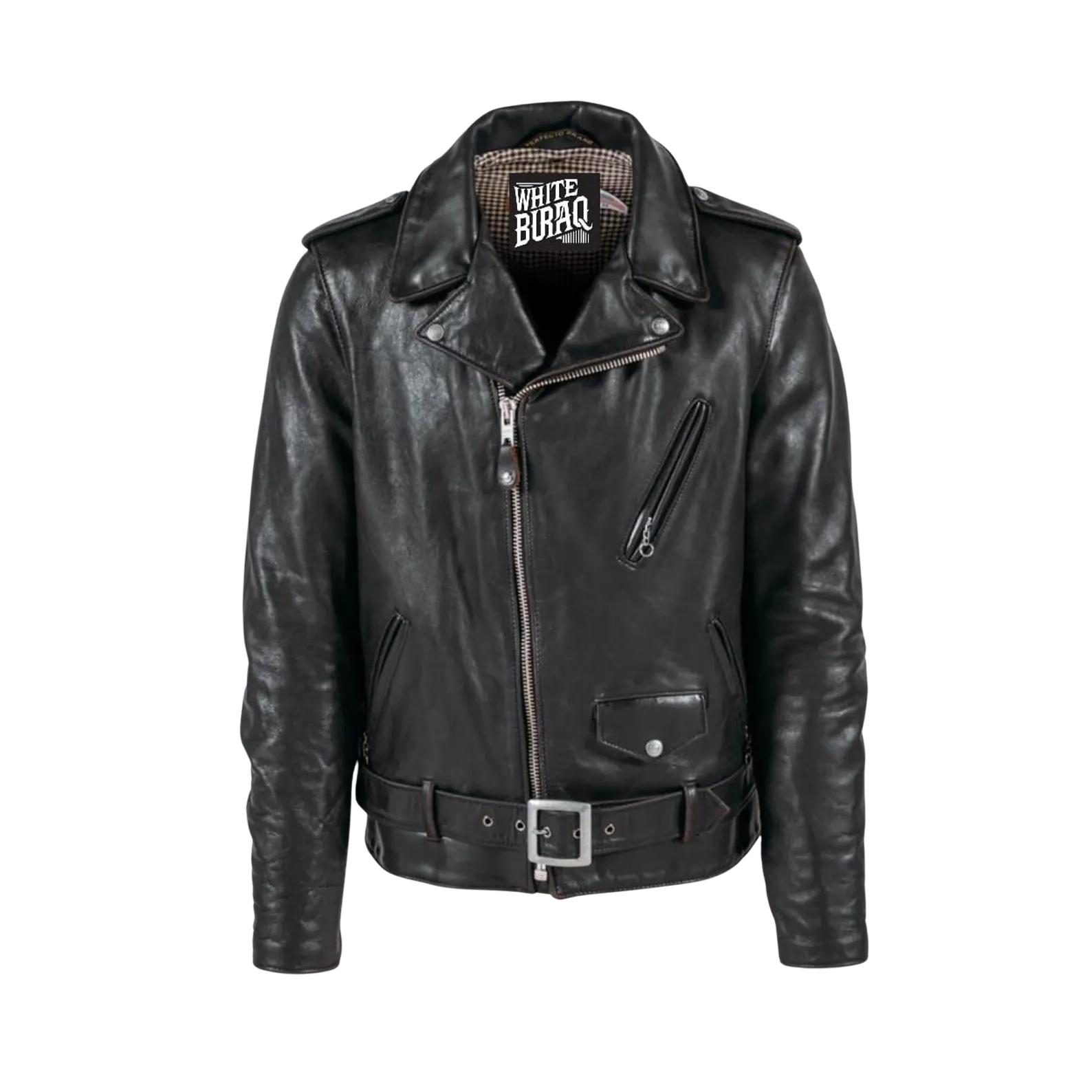Black leather jacket with visible branding