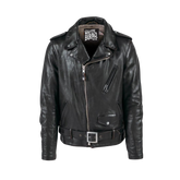Black leather jacket with visible branding
