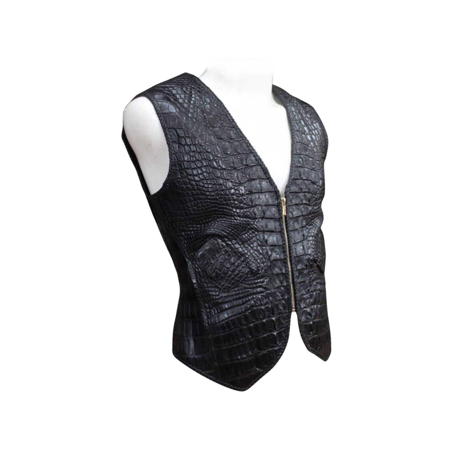 Black crocodile-patterned leather vest on a mannequin against