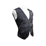 Black crocodile-patterned leather vest on a mannequin against