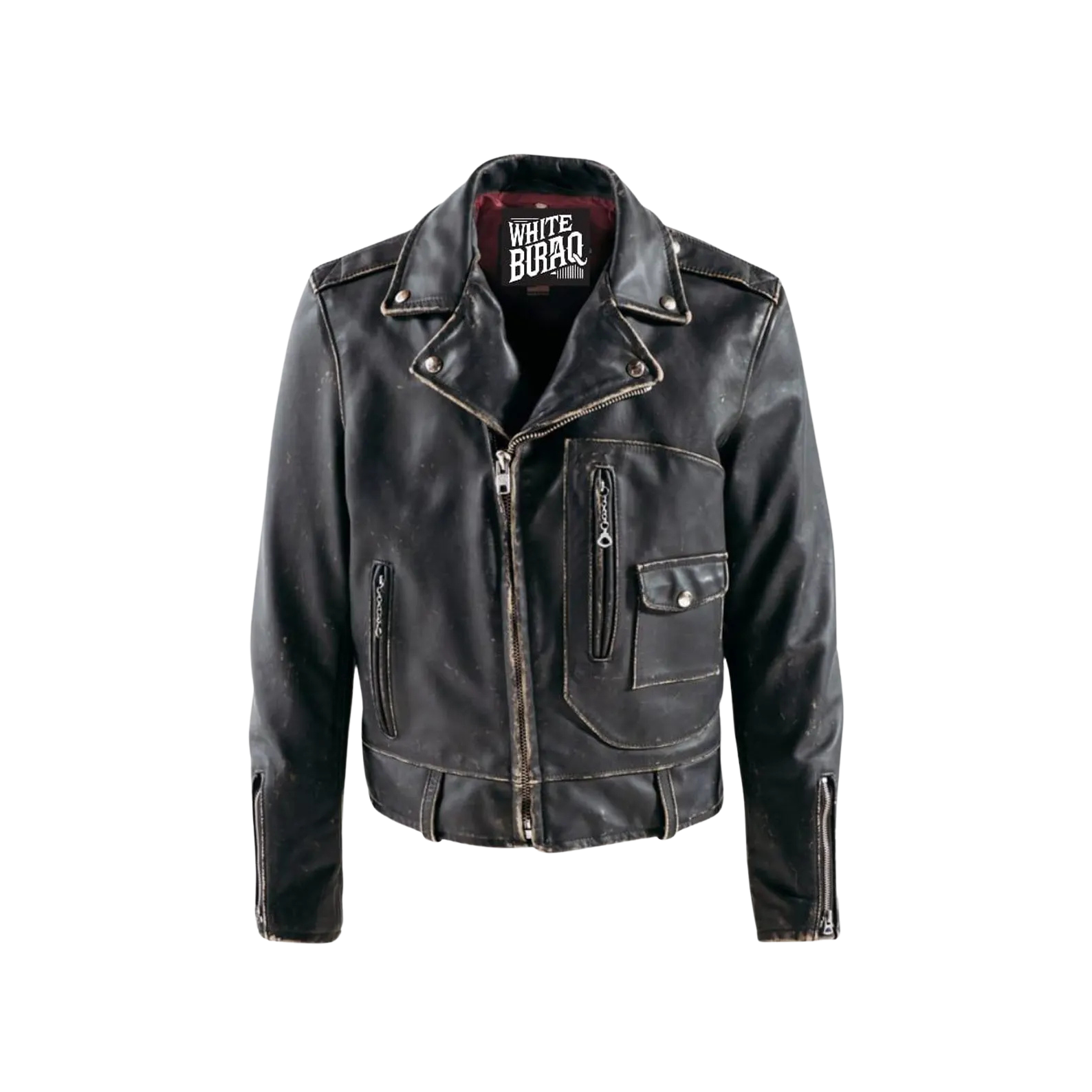Black leather jacket with a brand label