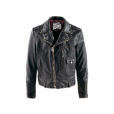 Black leather jacket with a brand label