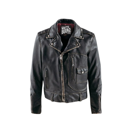 Black leather jacket with a brand label