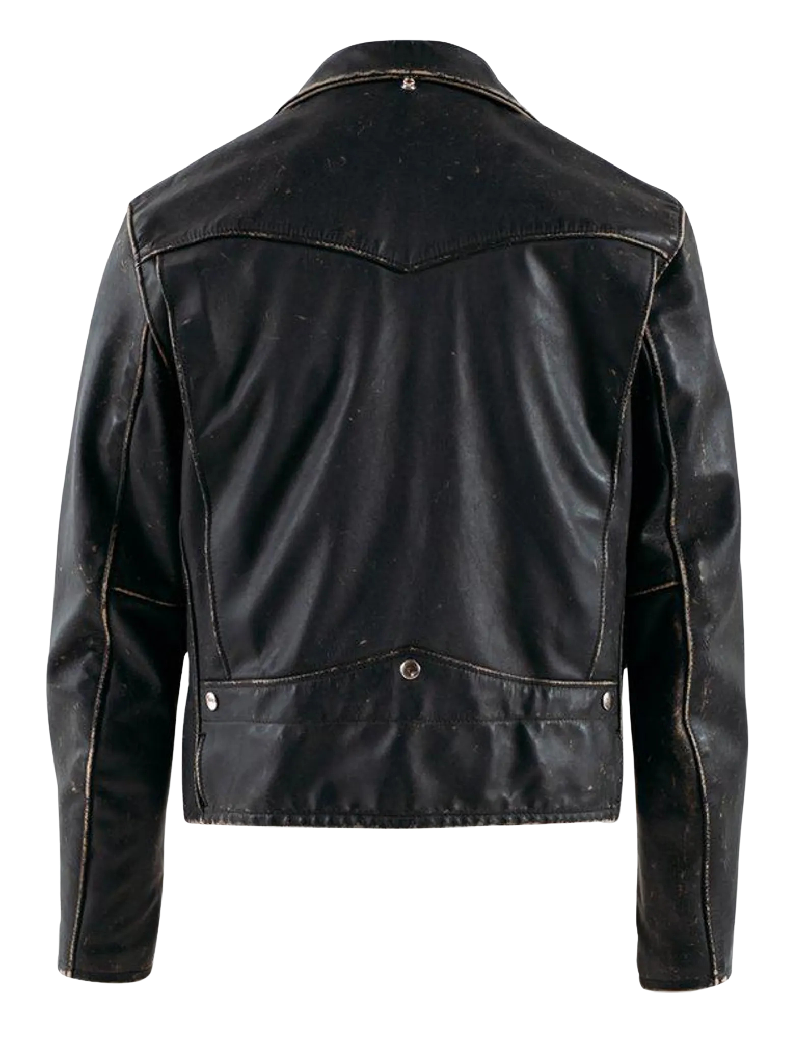 Man wearing a black leather jacket with a plaid lining, white shirt, and jeans