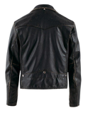Man wearing a black leather jacket with a plaid lining, white shirt, and jeans
