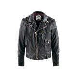 Black leather jacket with a brand label