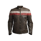 Brown leather jacket with red and white stripe