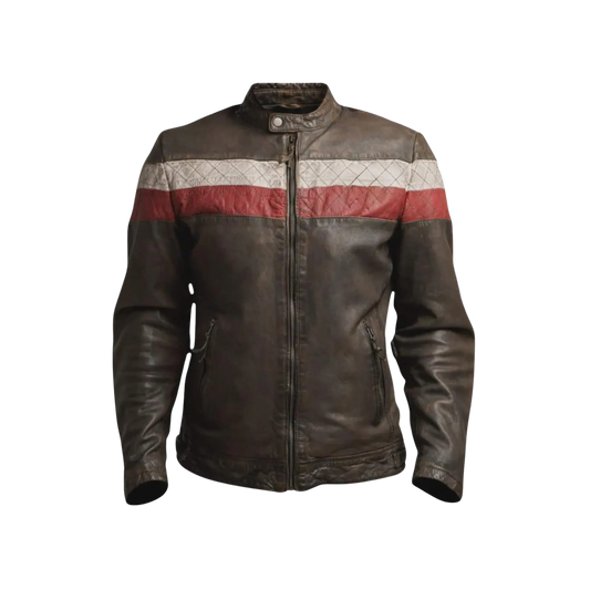 Brown leather jacket with red and white stripe