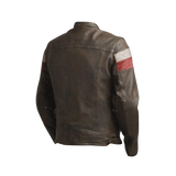 Brown leather jacket with a patch on the sleeve