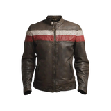 Brown leather jacket with red and white stripe