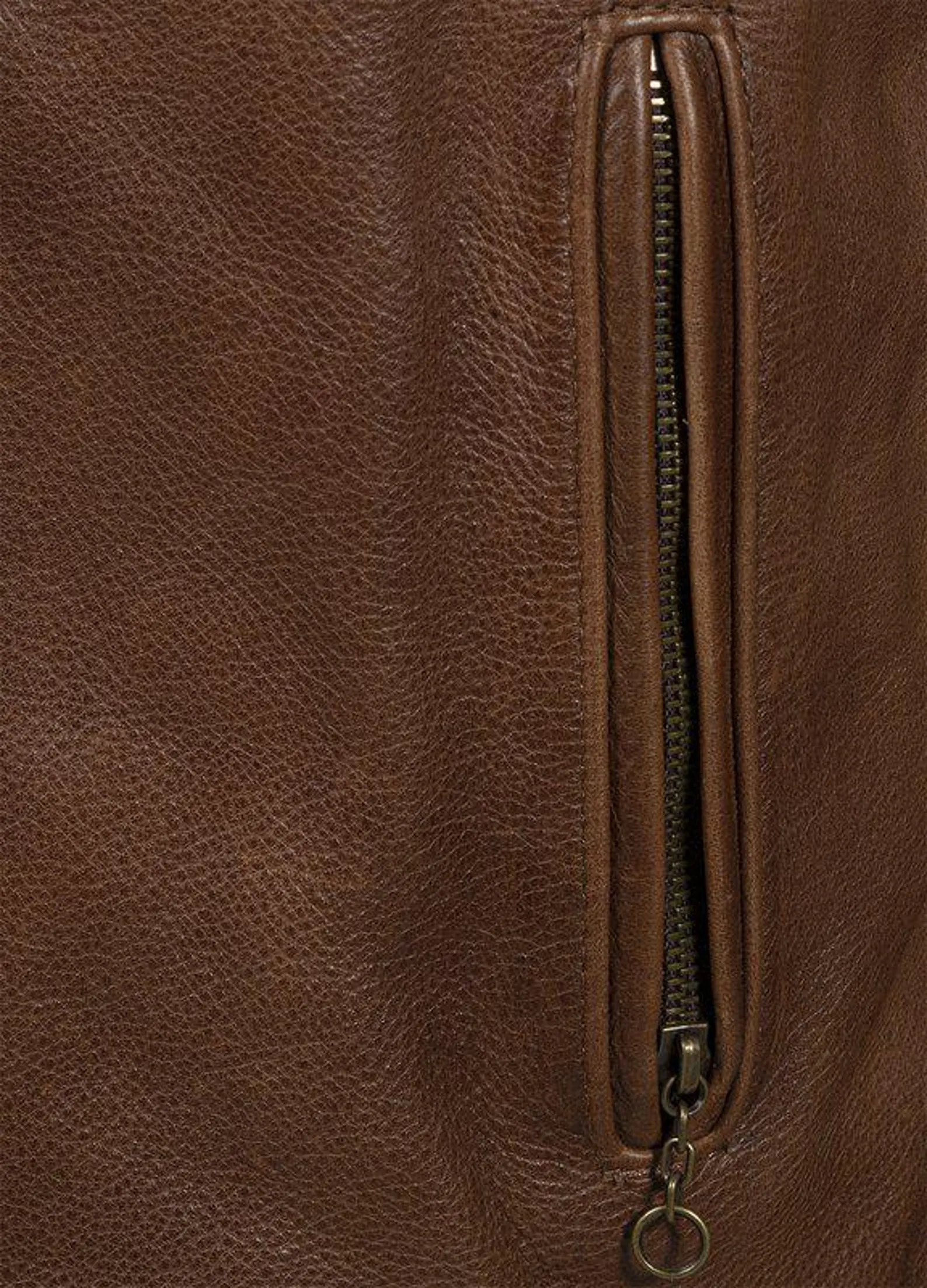 Close-up of a brown leather bag with a zipper