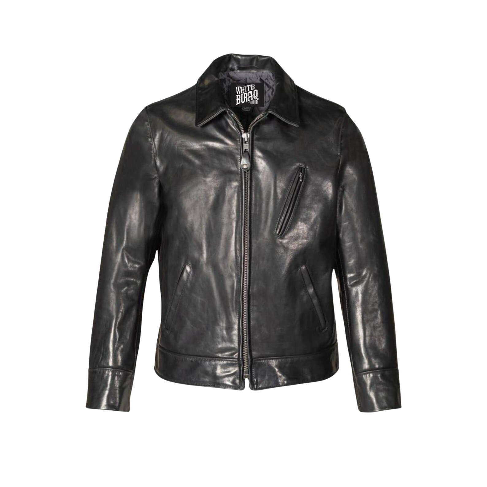 Black leather jacket with a brand logo on a white background