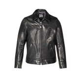 Black leather jacket with a brand logo on a white background