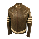 Brown leather jacket with white stripes on sleeves