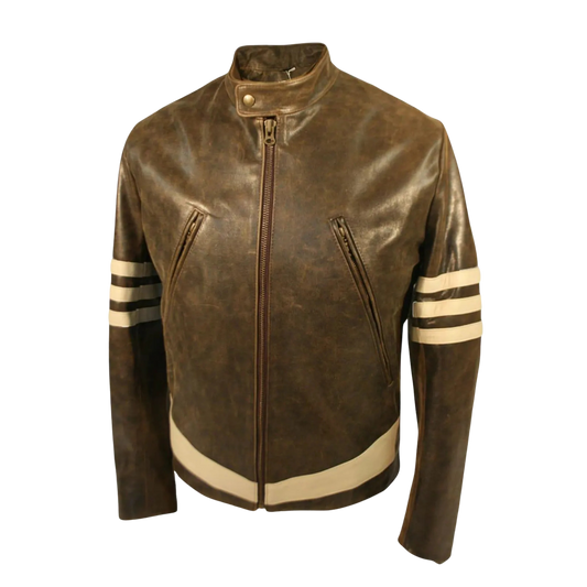 Brown leather jacket with white stripes on sleeves