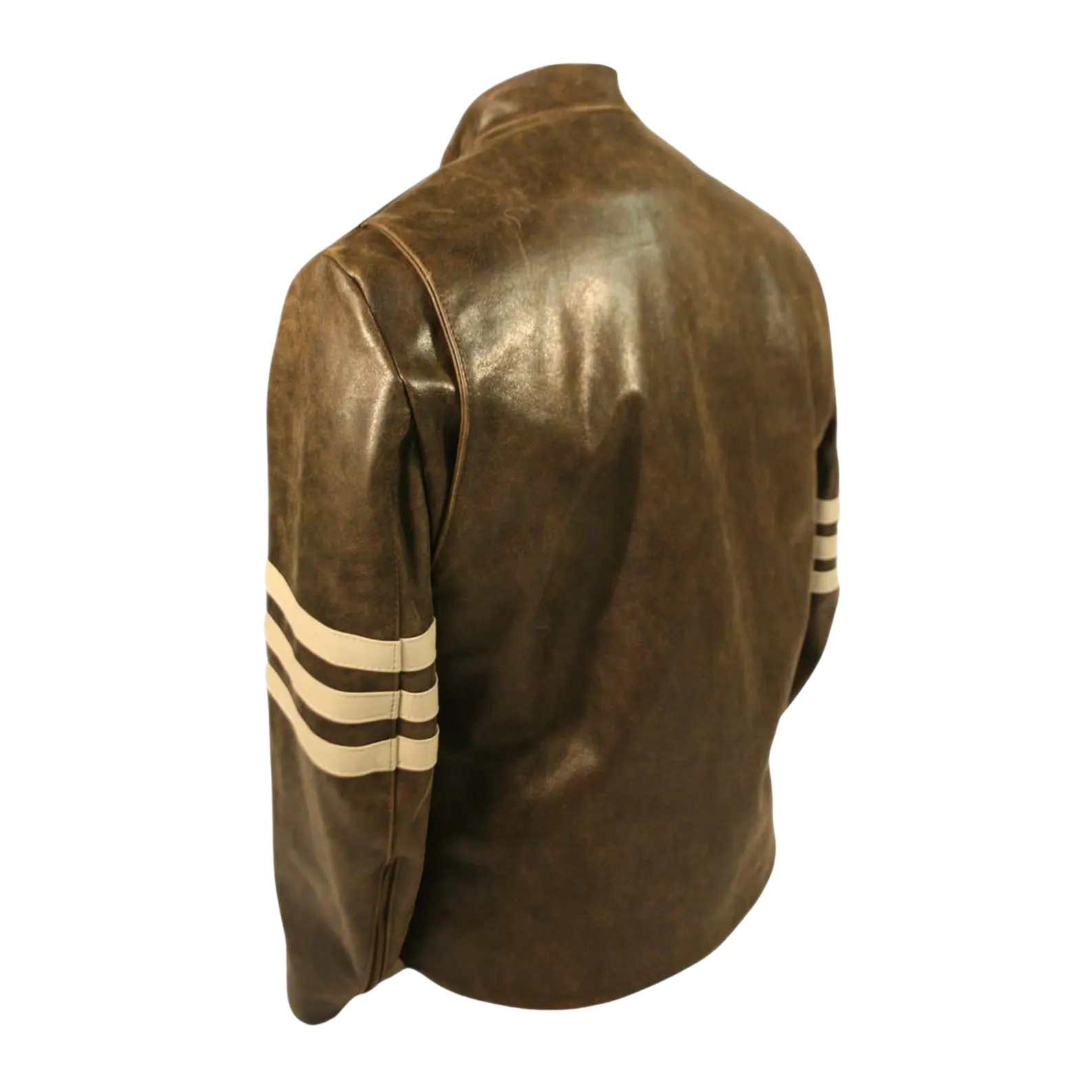 Brown leather jacket with white stripes on sleeves