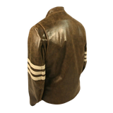 Brown leather jacket with white stripes on sleeves