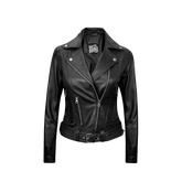 Black leather jacket with a visible brand logo