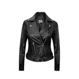 Black leather jacket with a visible brand logo