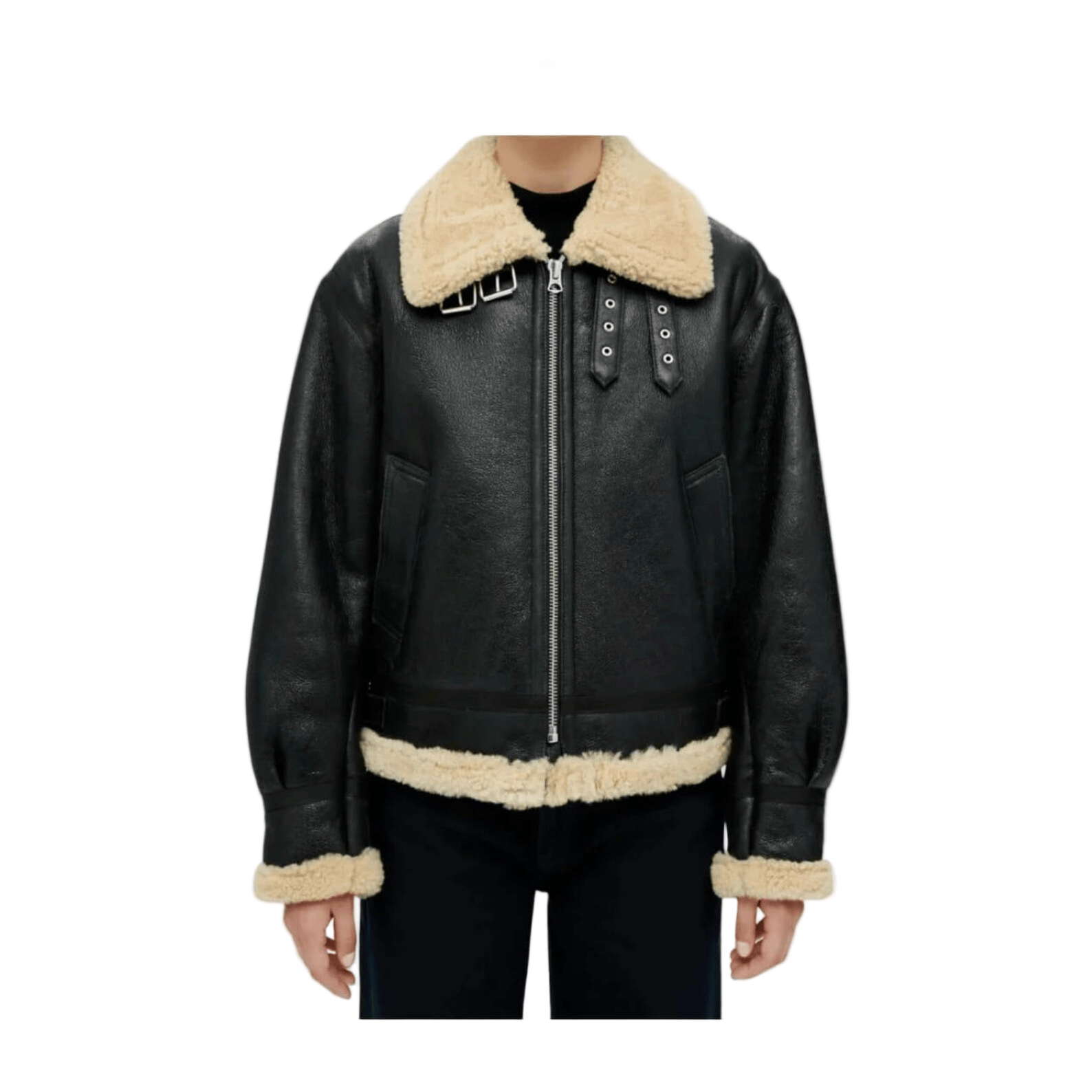 Black leather jacket with beige fur collar and cuffs