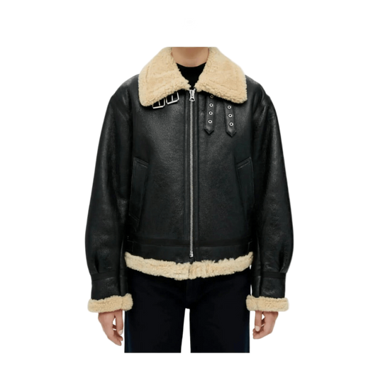 Black leather jacket with beige fur collar and cuffs