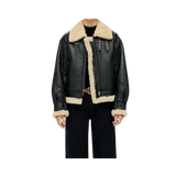 Black leather jacket with beige shearling collar and cuffs
