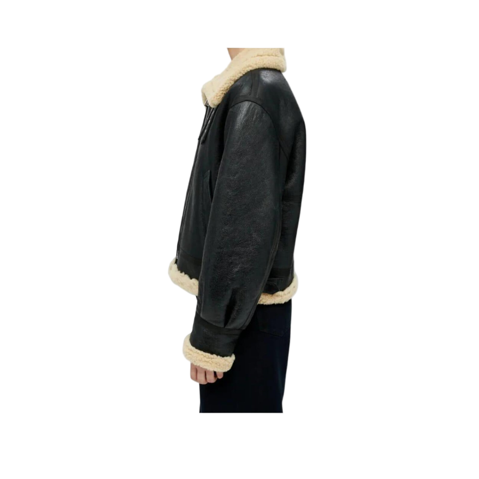 Black leather jacket with beige shearling lining