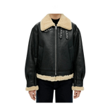 Black leather jacket with beige fur collar and cuffs