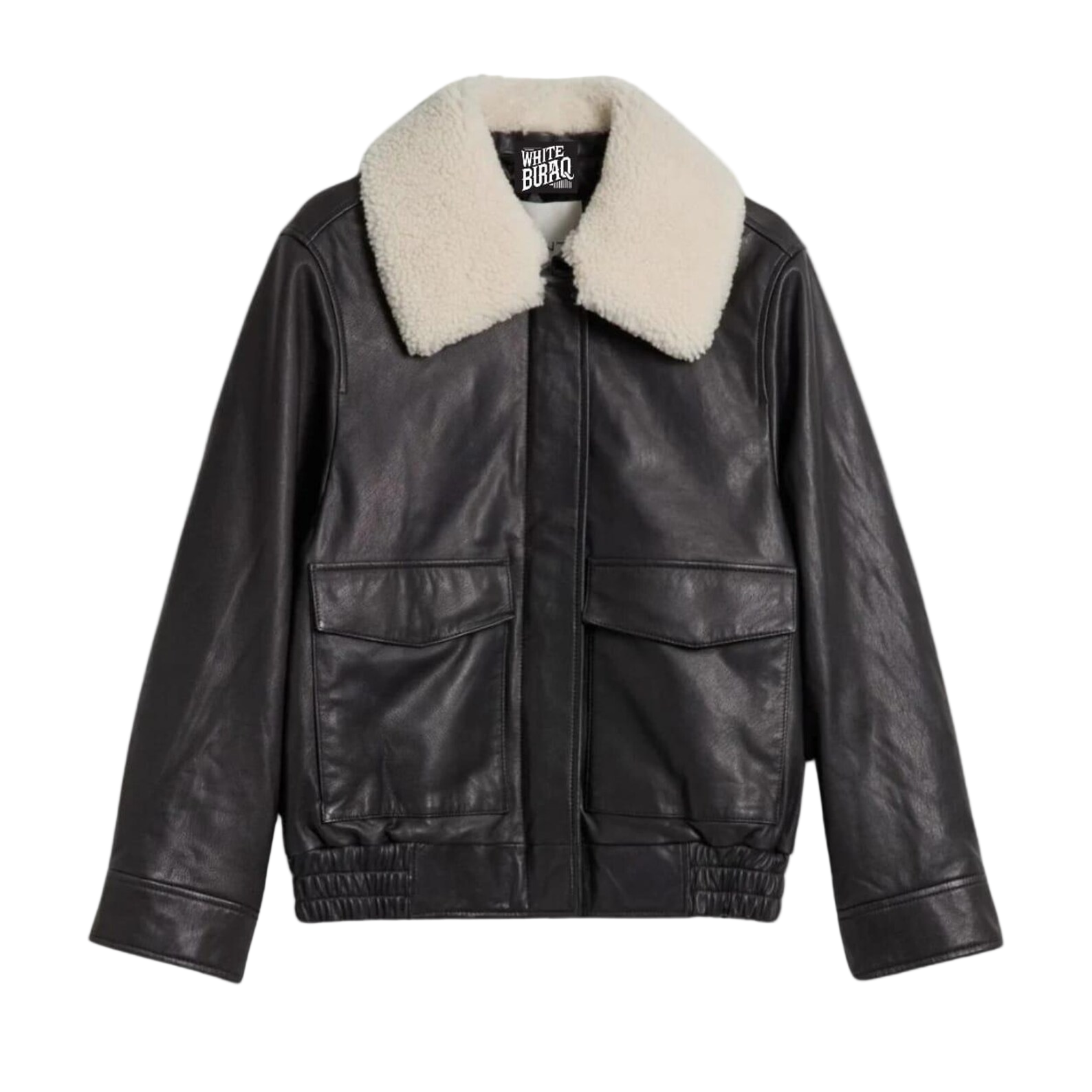 Black leather jacket with white fur collar