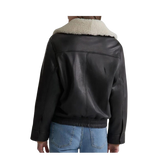 Black leather jacket with white fur collar