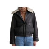 Black leather jacket with white fur lining