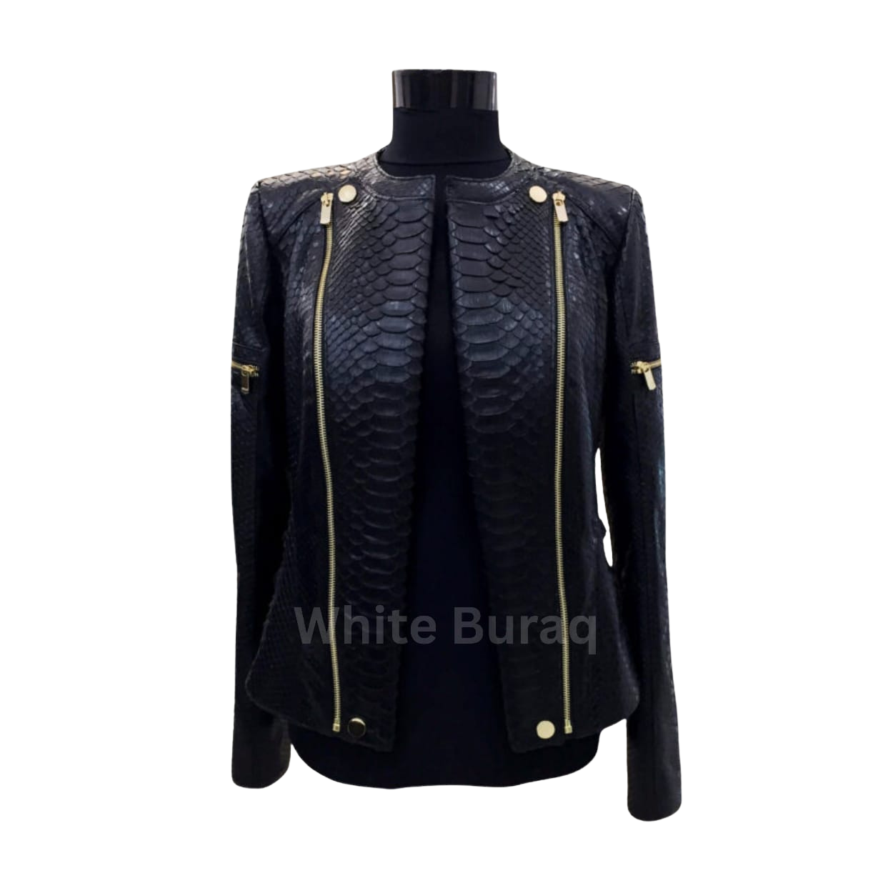 Black leather jacket with gold zippers